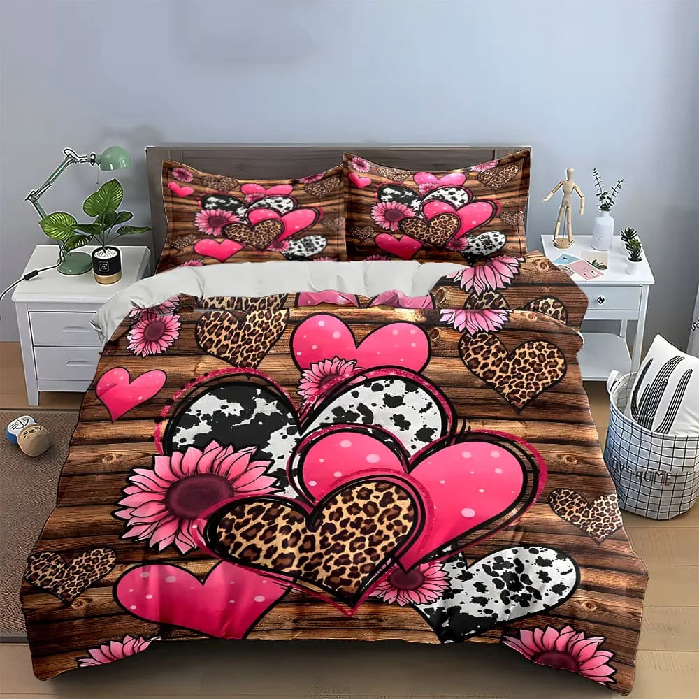 Set di biancheria da letto con decorazioni a cuori e fiori leopardati, con 1 copripiumino e 2 federe, singolo, matrimoniale, king, queen, regalo