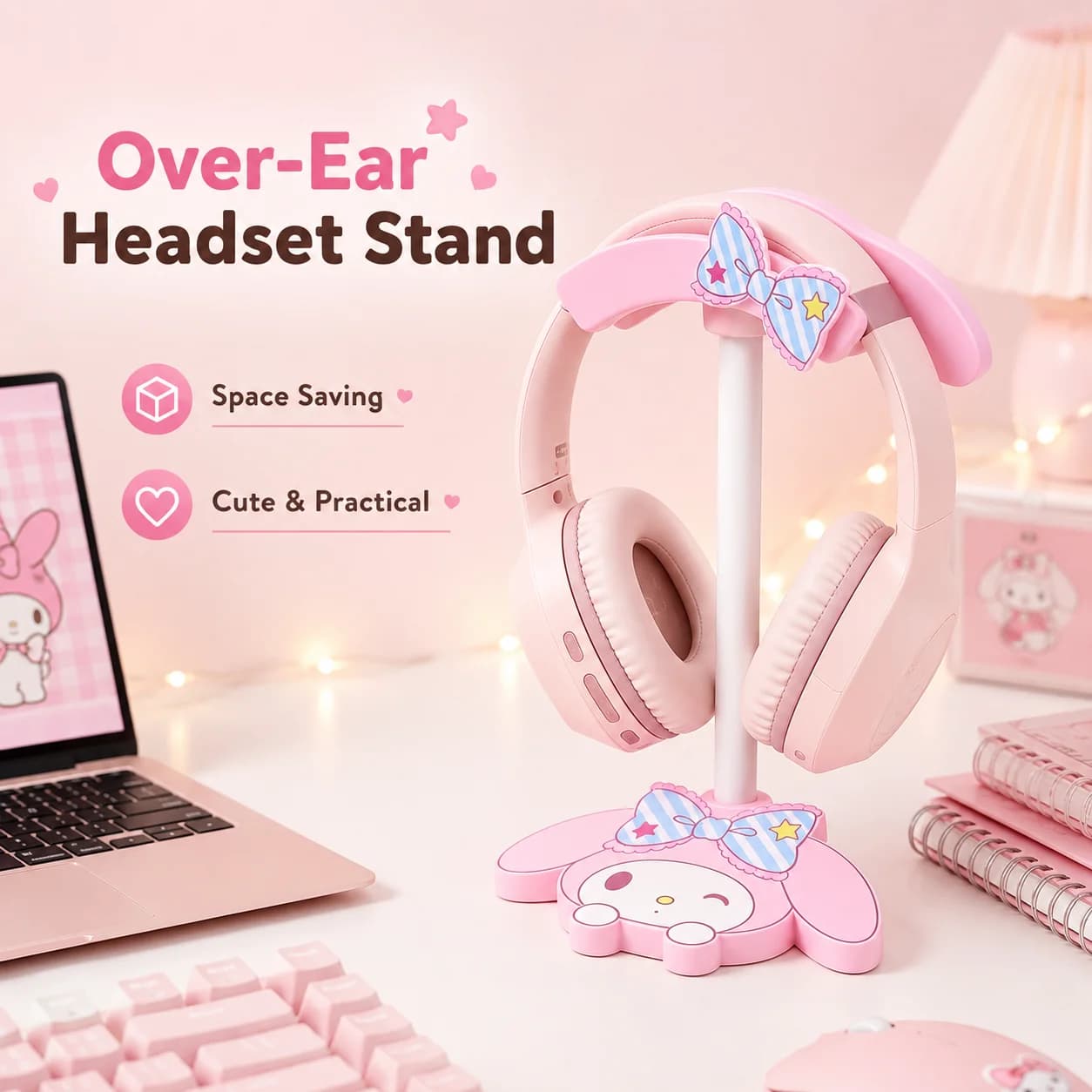 Sanrio Cute Gaming Desk Headset Holder Cinnamoroll Desktop Headphone Holder My Melody Kawaii Headphone Rack Cartoon Room Decor