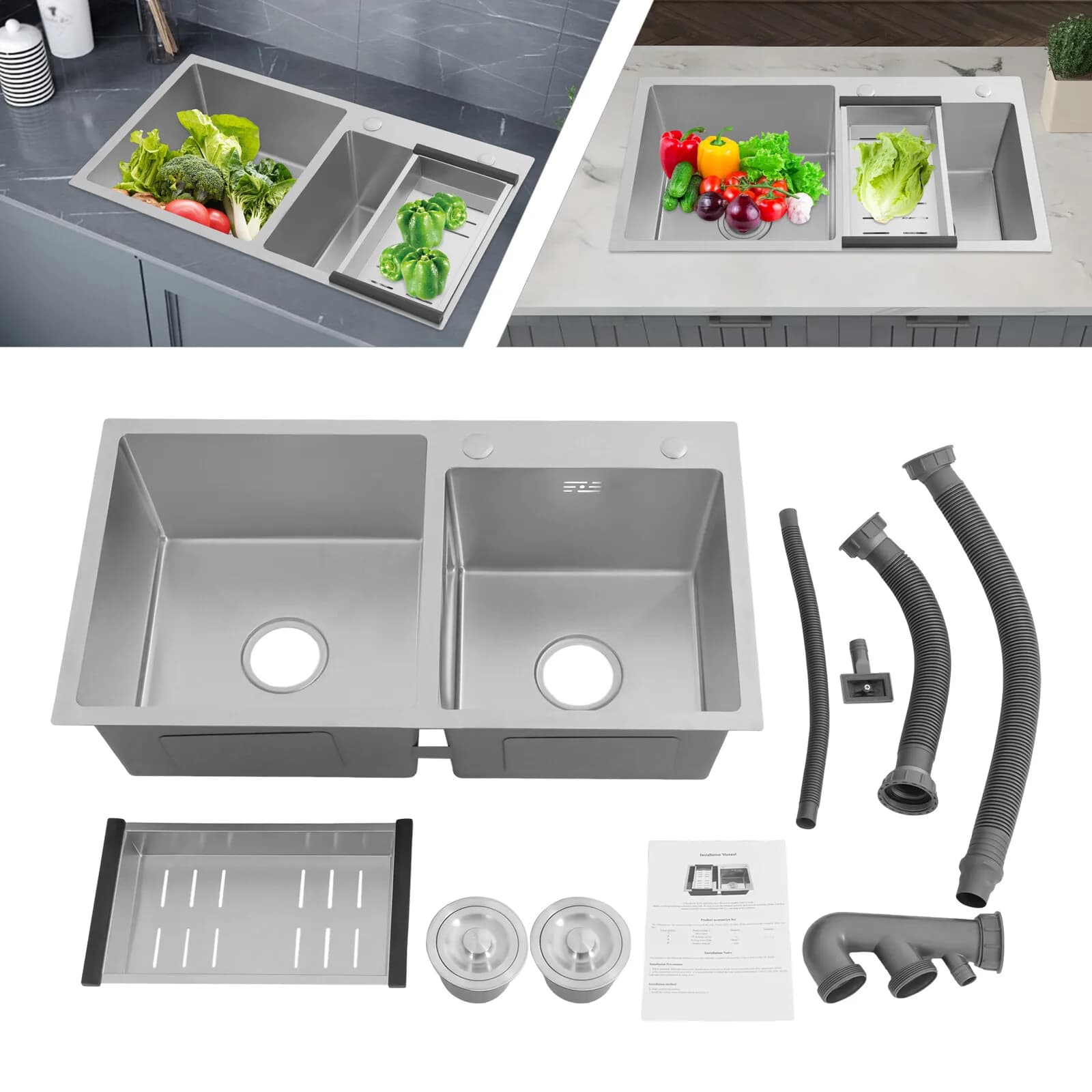 Lavello da Cucina in Acciaio Inox a Doppia Vasca con Cestello di Scarico per Garage, Lavanderie e Seminterrati, Colore Argento