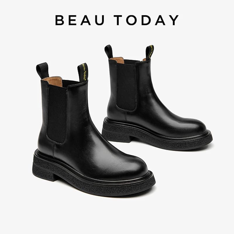 BEAUTODAY Stivaletti Chelsea da donna in pelle di vitello tinta unita punta tonda slip-on fascia elastica scarpe da donna fatte a mano 03A46