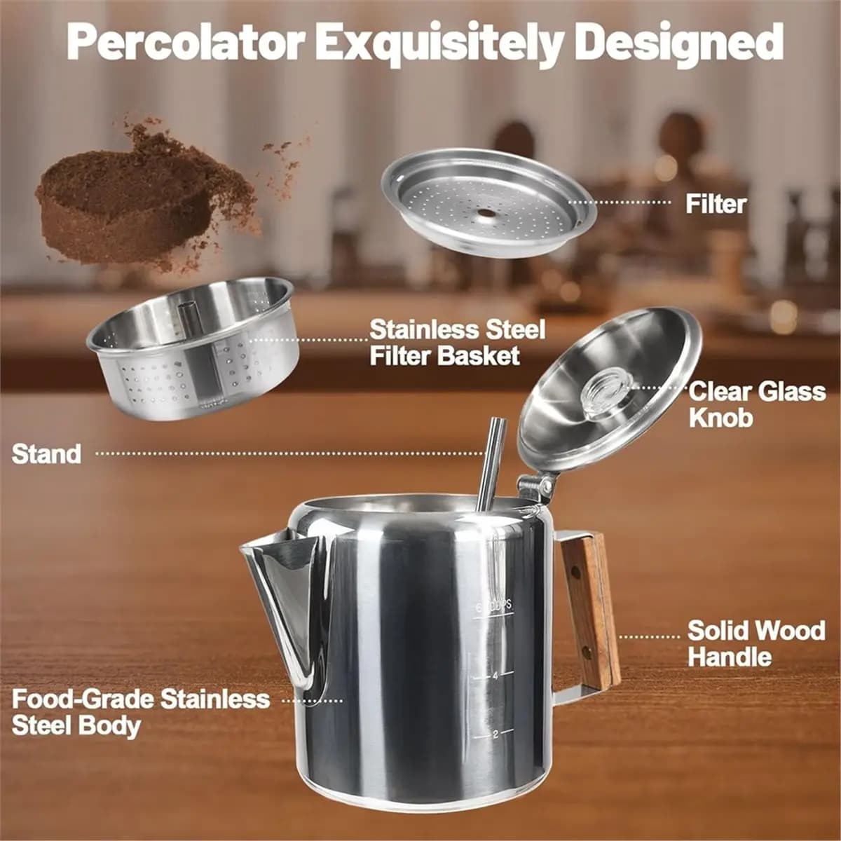 Coffee maker 6 cups 304 stainless steel coffee maker with handle Mocha cooking stove for home and camping 1000 ml