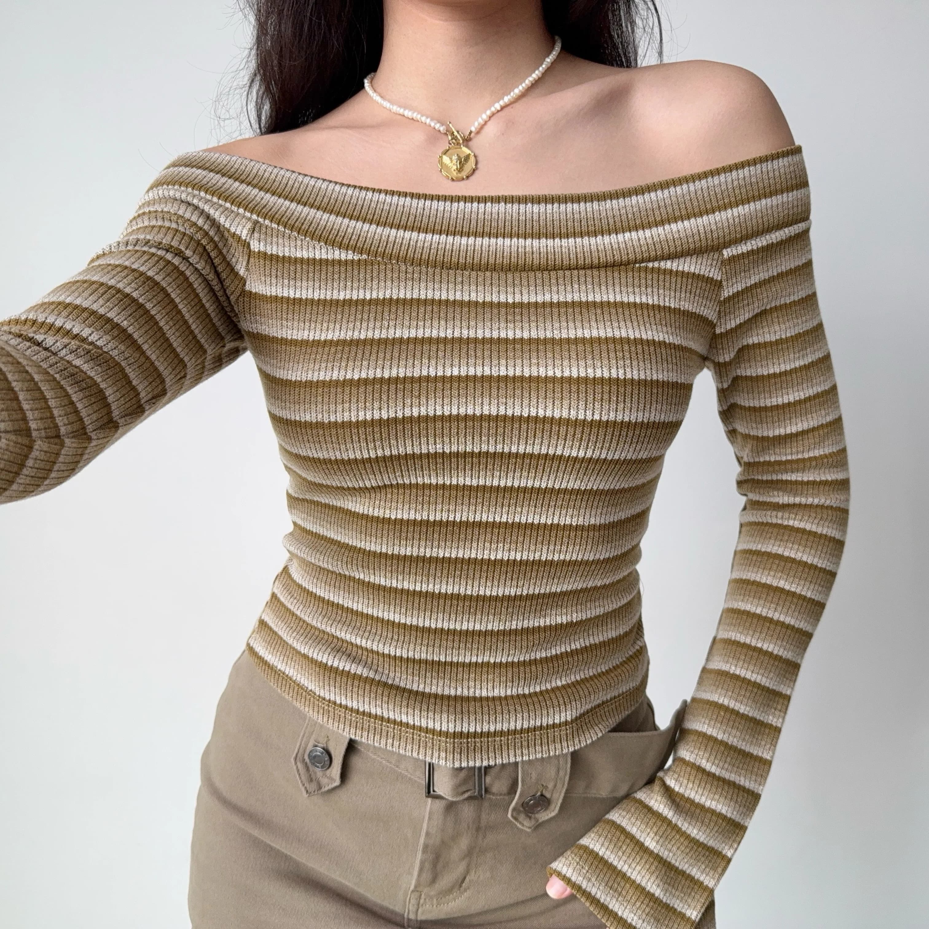 Go Girl Go Street Style Slim Fit Stripe Knitwear Short Length One Shoulder Women's Top Polyester Viscose Spandex Blend Long S...
