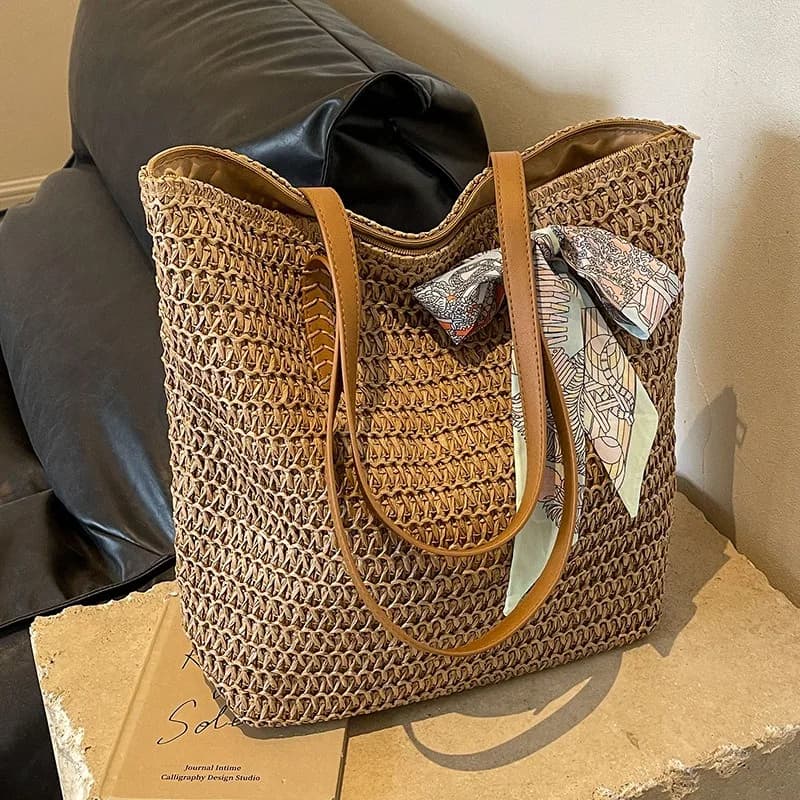 Bohemian Women's Shoulder Bag Straw Woven Handbag Ladies Large Capacity Totes Women Shoulder Bag Vacation Beach Bag with Scarf