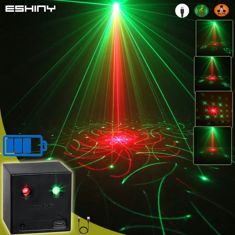 ESHINY Mini 2in1 Ricaricabile R&G Laser 64 Modelli Proiettore DJ Luce Danza Disco Bar LED Festa di Natale Lampada ad effetto scenico Spettacolo Y13
