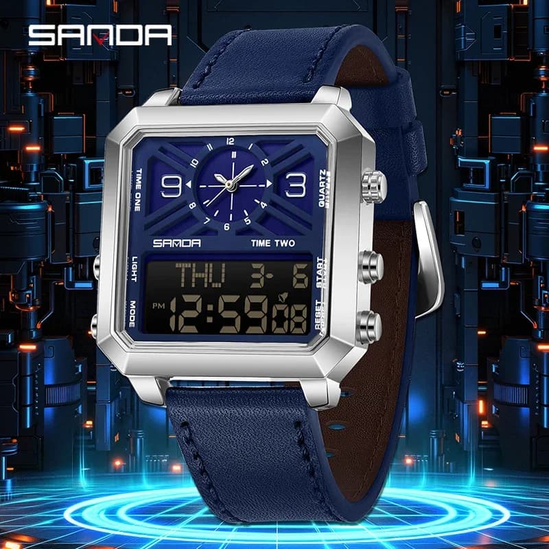 SANDA Business Sports Square Dual Display Orologio al quarzo da uomo Impermeabile LED Analogico Digitale Conto alla rovescia Orologio da polso elettronico maschile