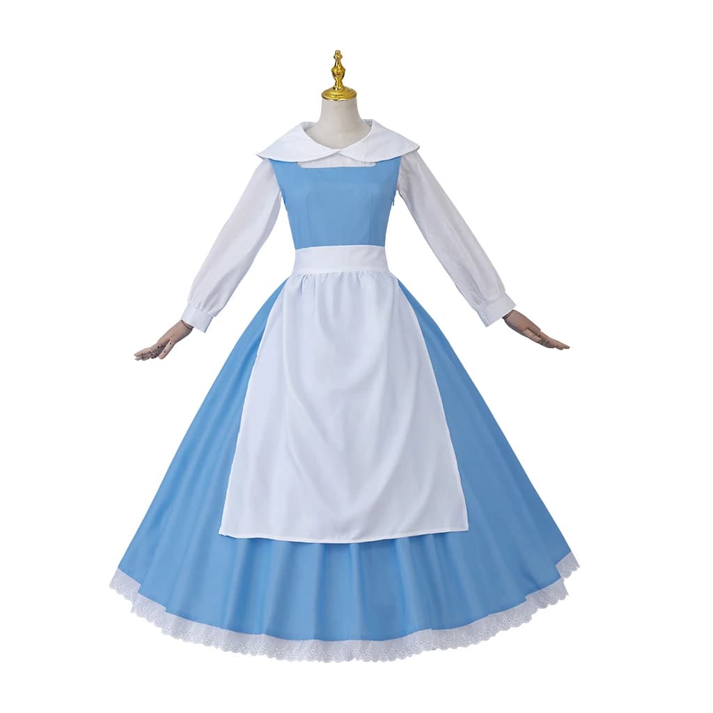 Classic Anime Princess Cosplay Costume Belle Blue Village Maid Dress with White Apron & Head Bow Halloween Party Dress Up