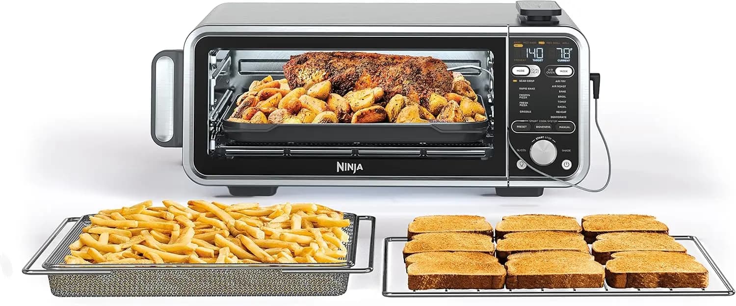 13 in 1 Air Fryer Toaster Oven with Smart Meat Thermometer, Silver - Dual Heat Technology Featuring Up to 500°F Cyclonic Airflow