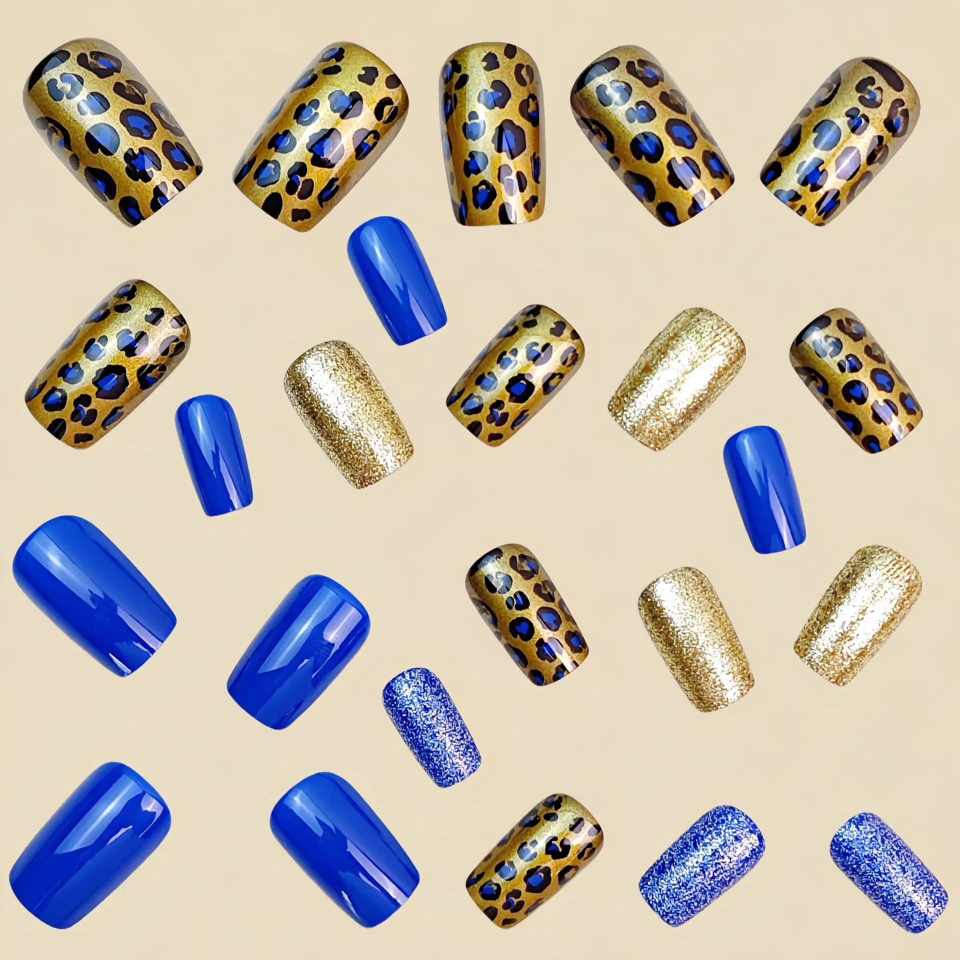 Medium Almond Press On Nails Royal Blue Mirror Metallic Gold Leopard Print Fine Glitter Glossy Reusable False Nails Elegant Mature Nightclub Party Manicure For Women