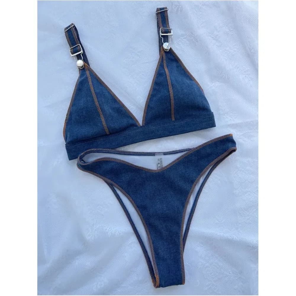 Swimwear bikini blue denim high waist with buckles edge swimsuits woman swimsuit adjustable straps trend bikini beach outfit Extrem