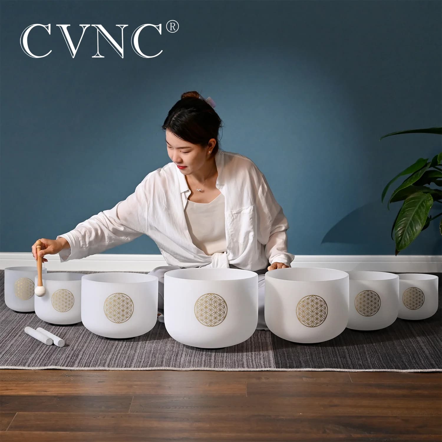 CVNC 6-12" Flower of Life Pattern Frosted Quartz Crystal Singing Bowls Set 7Pcs Chakra for Sound Healing with Carry Bags