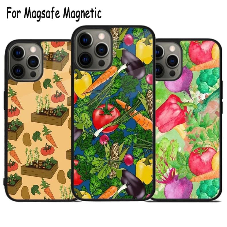 Cover Magnetica Magsafe per iPhone 17 Air 15 16e 14 13 11 12 Pro Max Plus con Design Carote e Pomodori