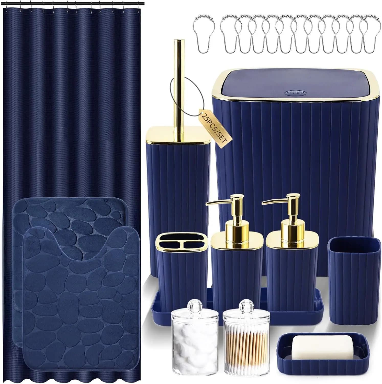 Set di 25 Accessori per Bagno Blu con Tenda Doccia, Tappeti, Spazzola per WC, Cestino, Porta Q-tip e Dispenser Sapone