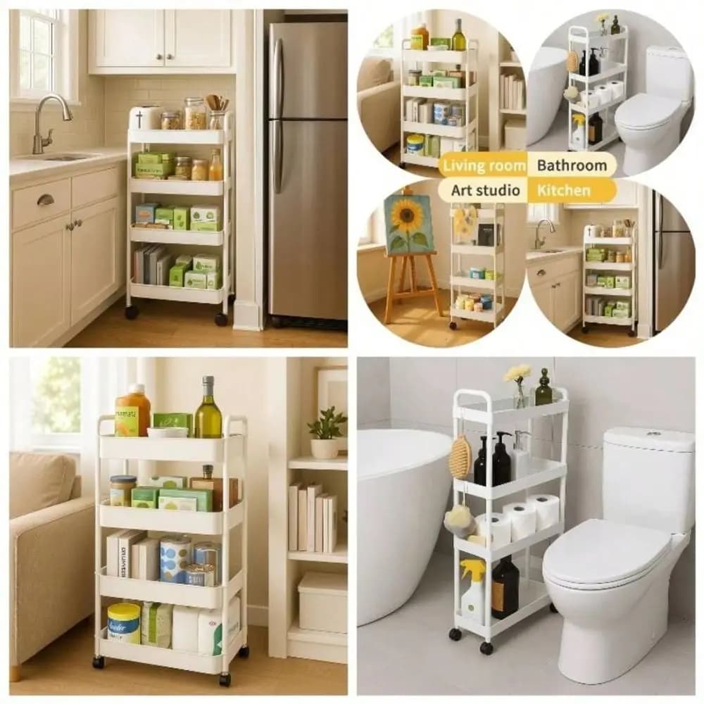 4 Tier Bathroom Storage Organizer, Toilet Paper Holder, Slim Rolling Storage Cart Narrow Space With Handle, Mobile Shelving Uni