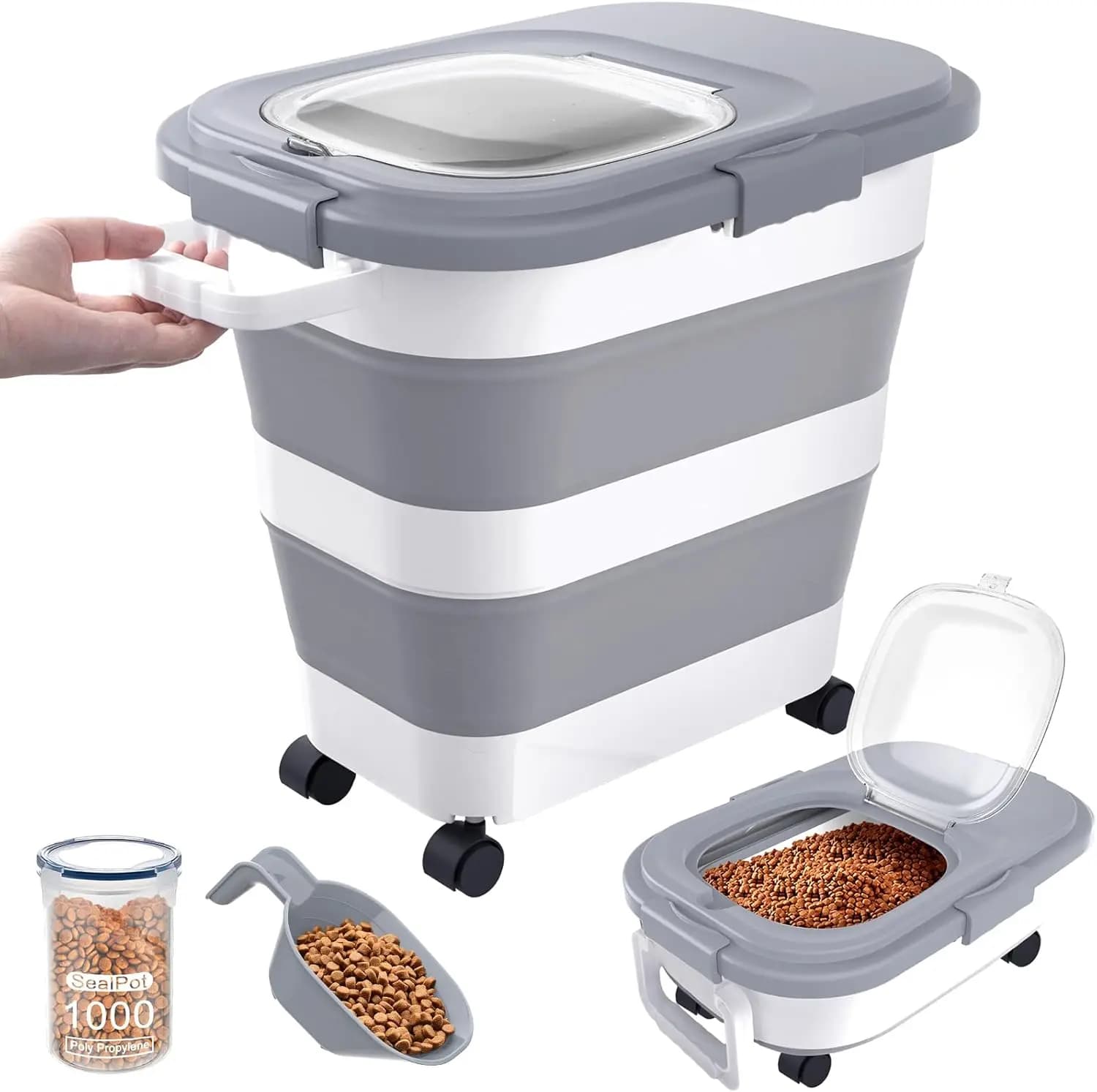 Airtight Collapsible Dog Food Storage Container 25lbs with Wheels & Scoop