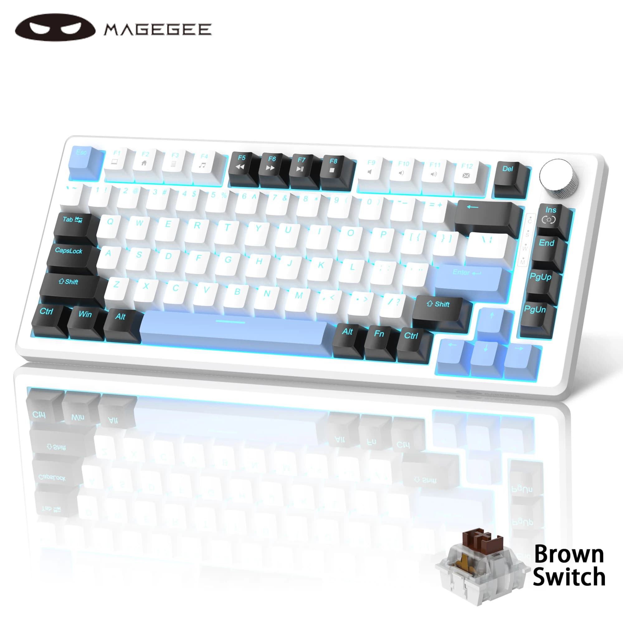 Tastiera da gioco meccanica MageGee al 75% con manopola di controllo, tastiera da gioco cablata retroilluminata blu Interruttore rosso/giallo per PC Windows