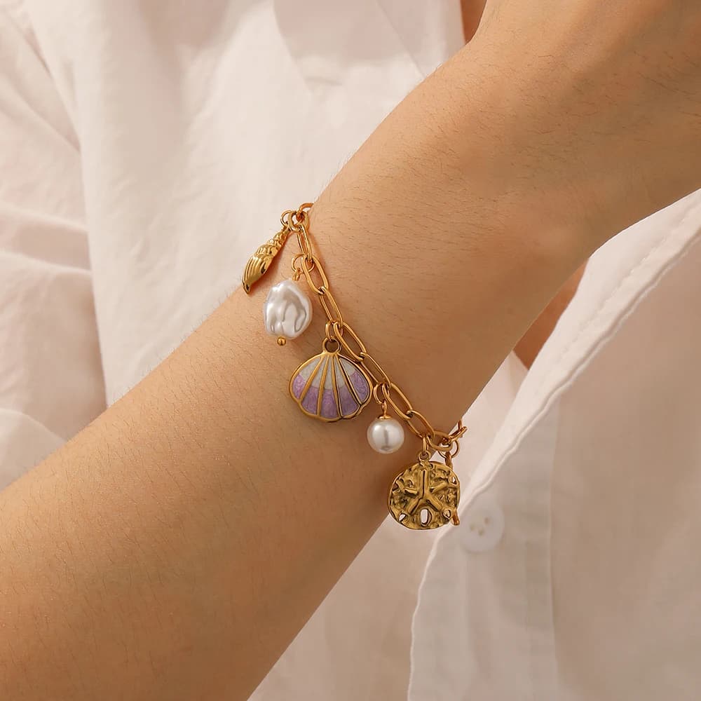 DIEYURO Acciaio inossidabile 316L Viola Gocciolamento di olio Coda di pesce Stella marina Conchiglia Bracciale con ciondolo di perle Lady New Classic Catena da polso Gioielli
