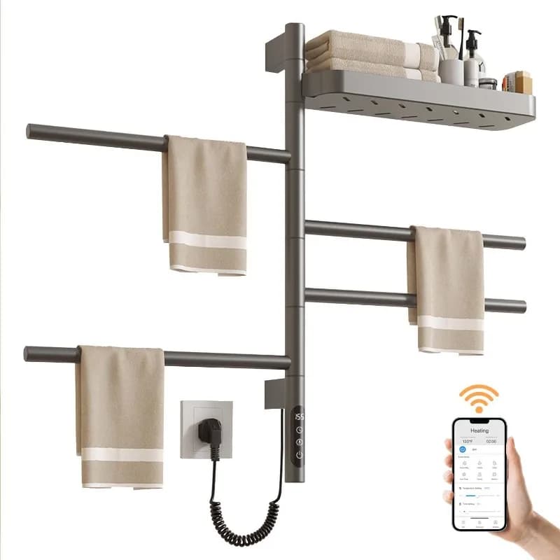 SIOYIE Scaldasalviette Elettrico Girevole Intelligente con Mensola, Montaggio a Parete, Controllo Tramite App WiFi, Barre Orientabili, Timer, IPX5