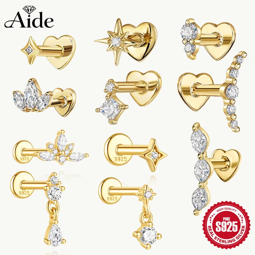 AIDE Orecchino penetrante a elica piatta con sfera rotonda a forma di cuore Orecchini a bottone in argento sterling 925 con zirconi geometrici Squisiti orecchini a forma di gingillo Aretes