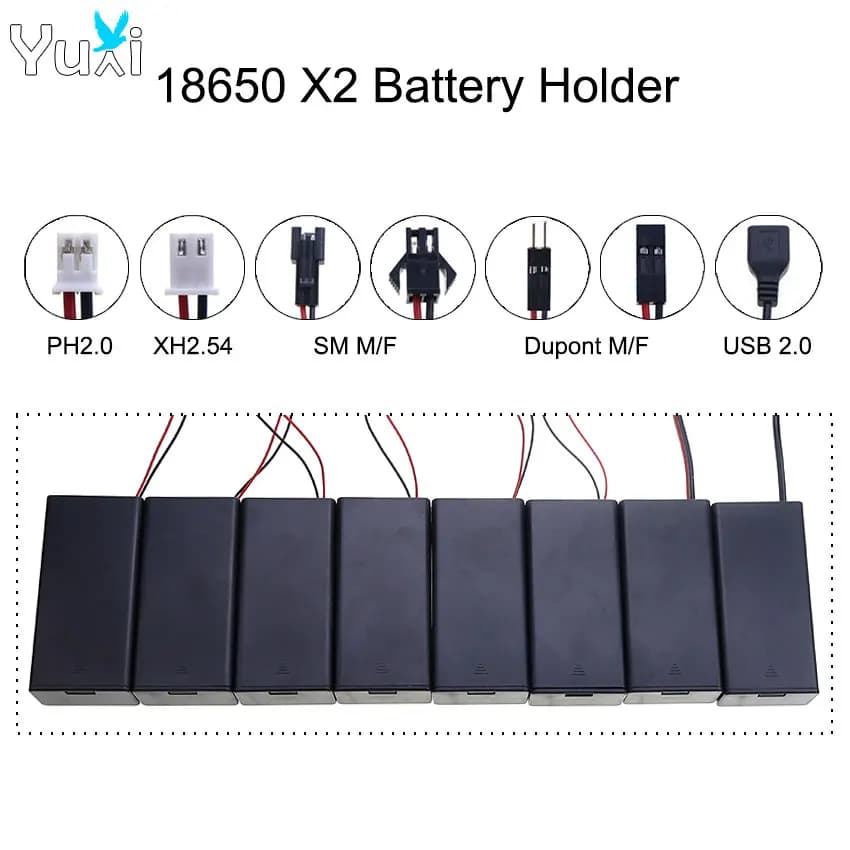 YuXi 1 pezzo 18650 Supporto batteria 2 slot Power Bank con cavi PH2.0/XH2.54/SM/Dupont/USB2.0 Terminale spina Interruttore ON/OFF Coperchio