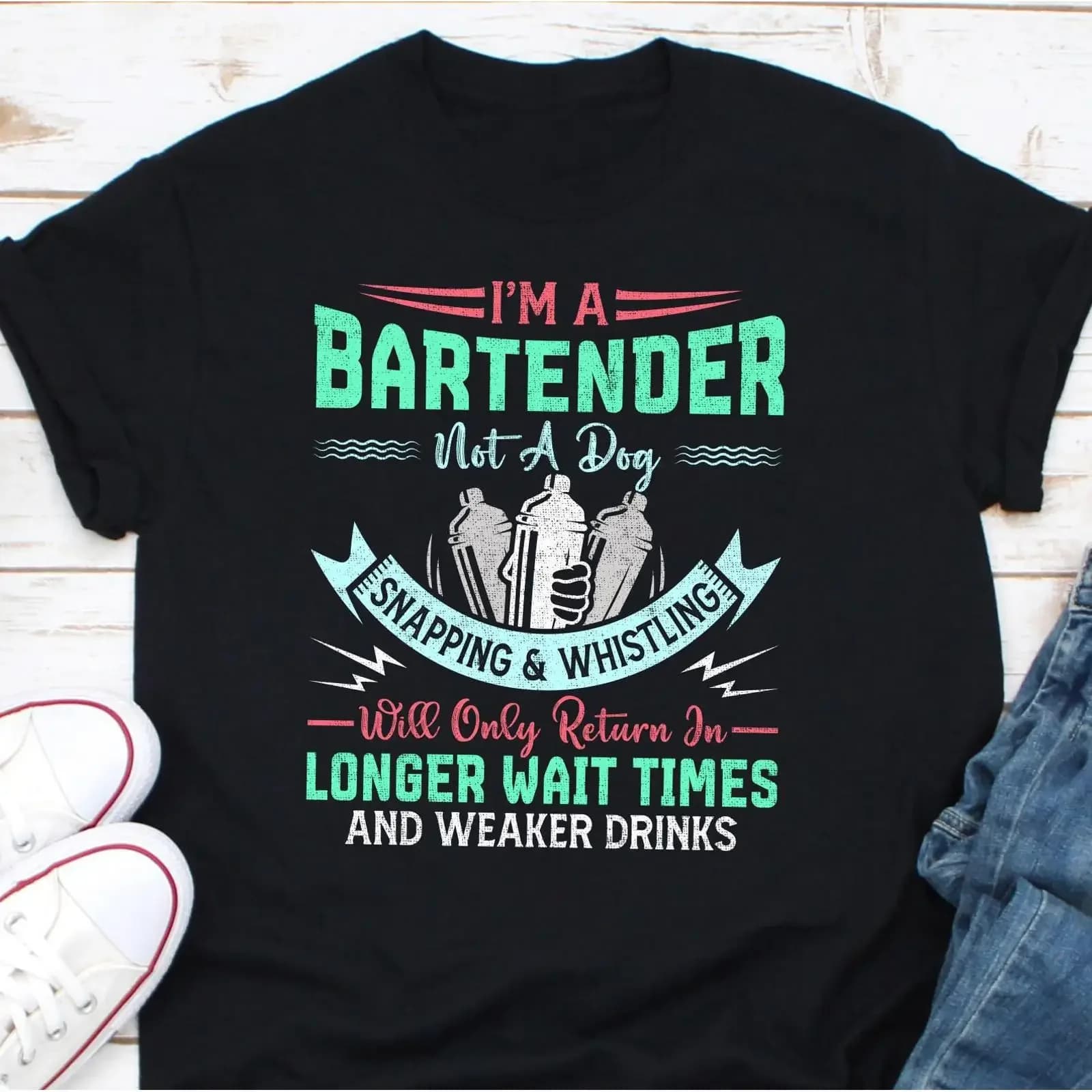 I'm A Bartender Not Dog Funny Quote T Shirt Cocktail Shaker for Bar Casual Top vintage Washed Versatile Breathable graphic