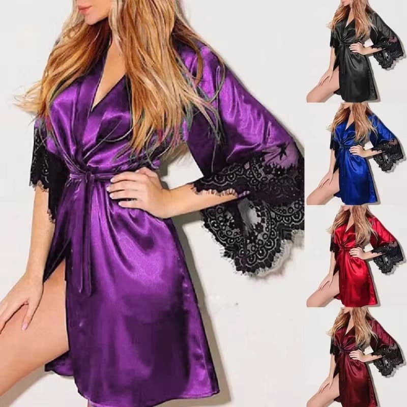 Women's Night Dress Dress with Floral Lace Strap Bathrobe with Long Sleeves Sexy French Women's Night Shirt in silky satin