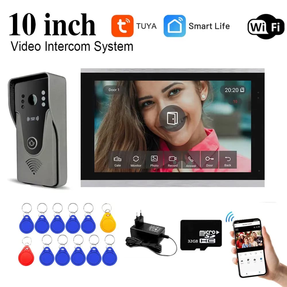 10 inch color touch screen Tuya 1080P Wireless WiFi video intercom Smart APP Home intercom kit for RFID access control system