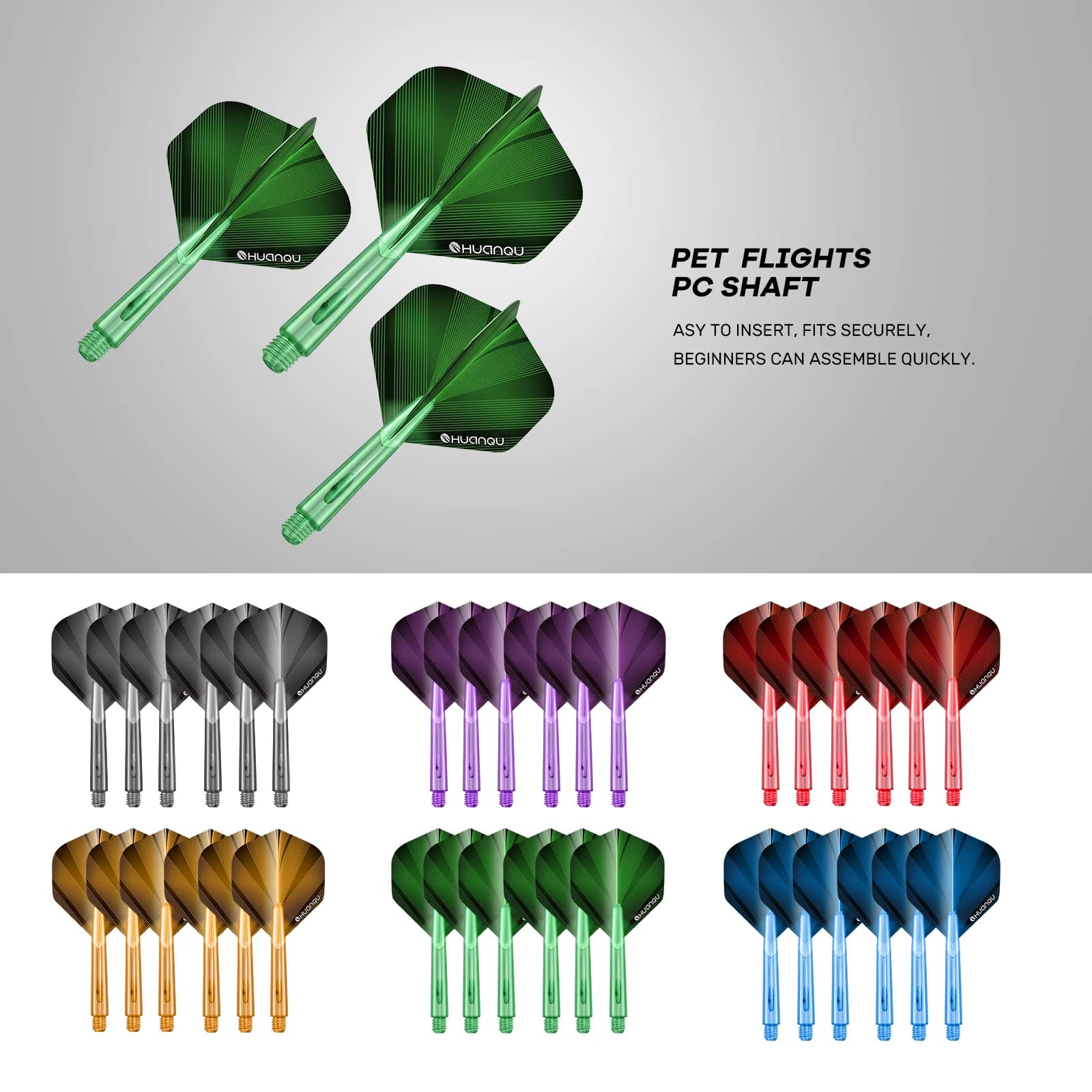 HUANQU 72PCS Darts Set 36 Dart Flights + 36 Clear Dart Shafts 2BA Universal Thread Stems for Steel Soft Tip Darts