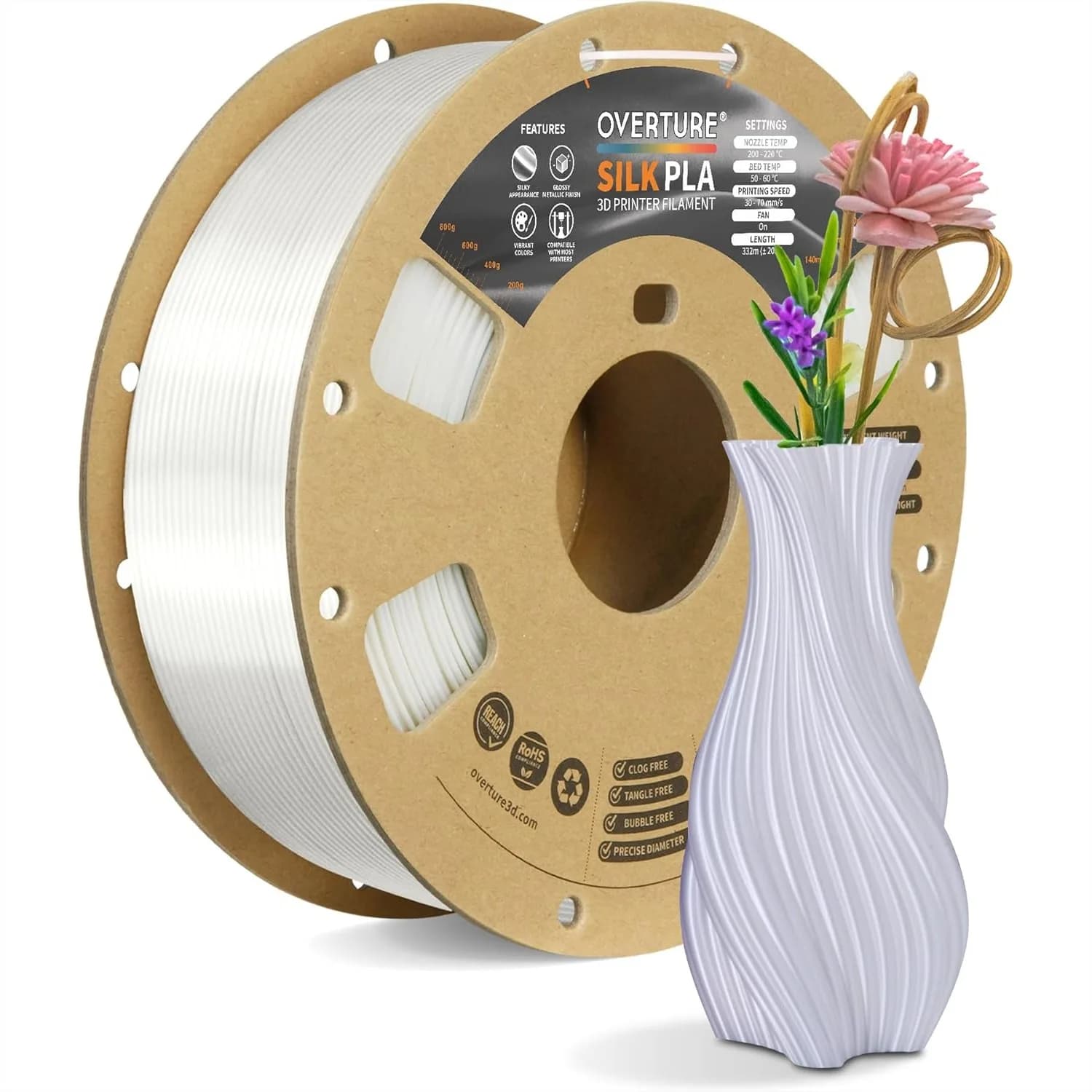 Filamento PLA Seta 1.75mm, Finitura Metallica Lucida per Stampante 3D, Bobina da 1kg per Cosplay, Gioielli e Decorazioni per la Casa, Bianco Seta
