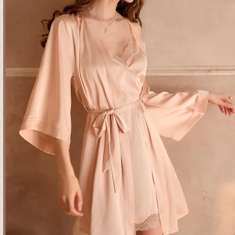 Autumn Winter Women Sleepwear Satin Lace 2Pcs Skirt&robe Kimono Bathrobe Long Sleeve Intimate Lingerie Home Clothes Nightgown