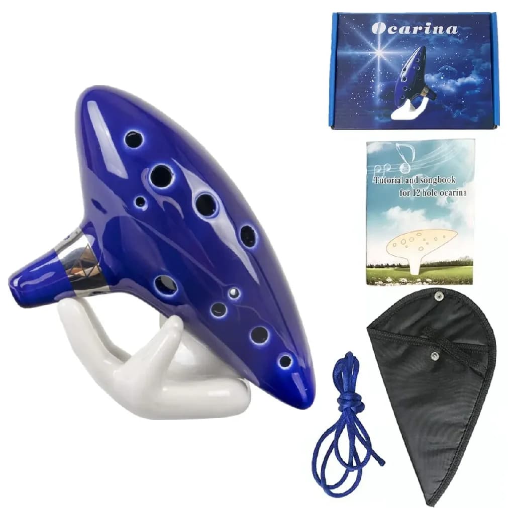 Ceramic Ocarina 12 Toni Alto C, Musical Instrument with Songs Book, Collo and Transport Bag, Blue