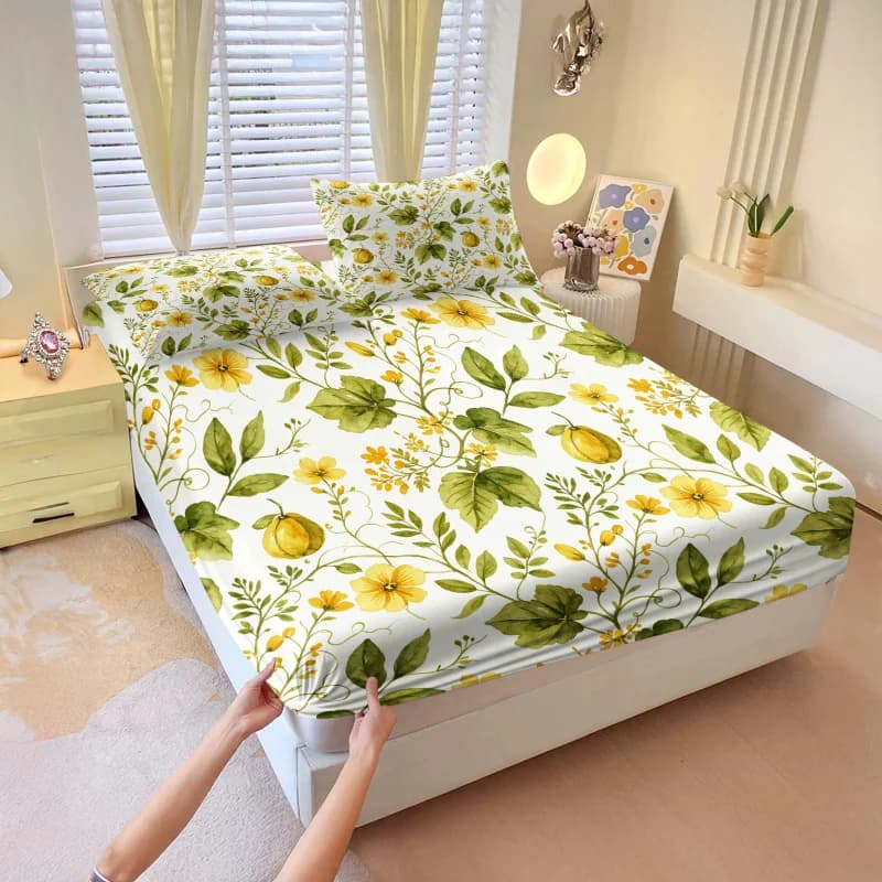 Natural Tropical Leaf Floral Print Fitted Sheet Set Bed Sheet Set Bedding Set No Fillers Soft Adult Bedding Decor