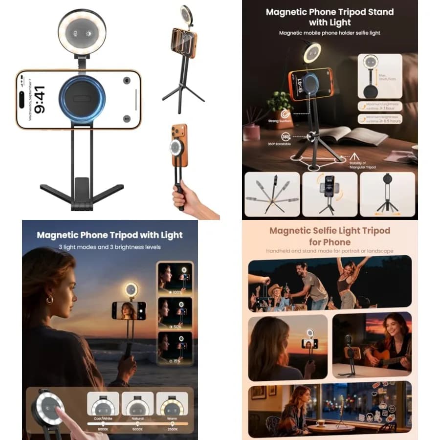 Treppiede Magnetico 2-in-1 per Telefono con Luce Selfie per Magsafe, Supporto per Smartphone e Asta Selfie con Luce di Riempimento