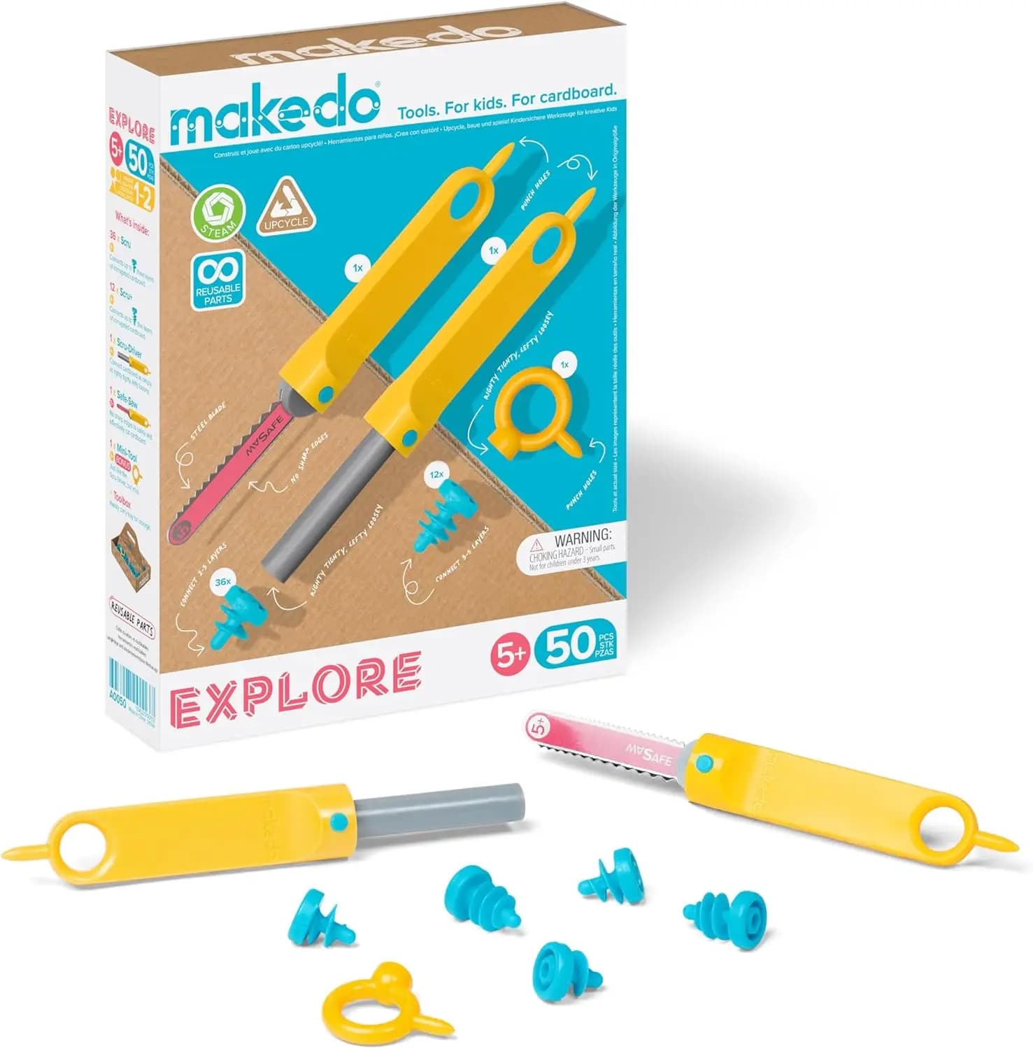 Kit di Costruzione in Cartone Riutilizzabile per Bambini dai 5 Anni in Su | Giocattolo Educativo STEM con 50 Pezzi in Cassetta degli Attrezzi