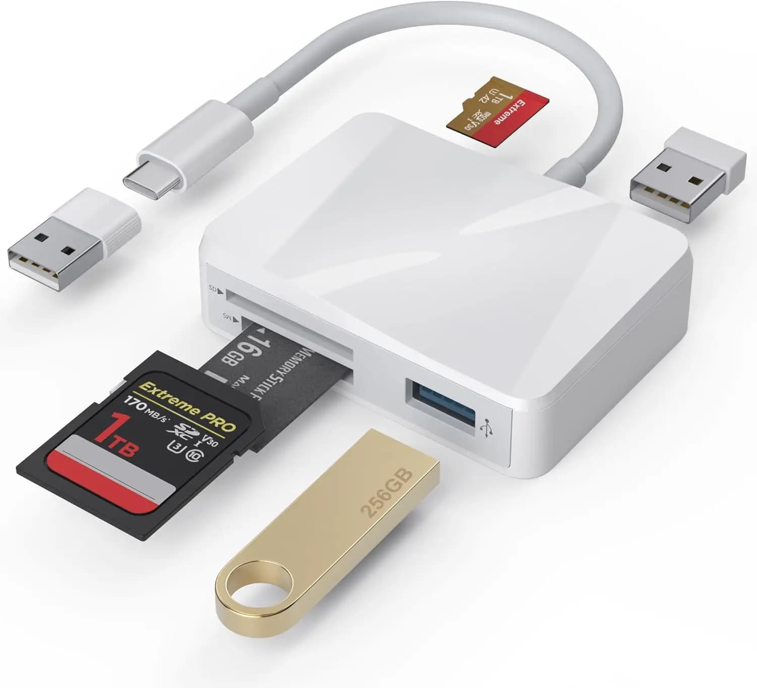 Lettore di Schede USB-C e USB 5-in-1 con Porte SD/MicroSD/MS e Doppia USB-A per iPhone/iPad/Mac/Android