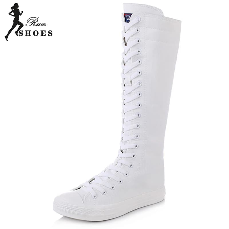 2025 New Spring Autumn Women's Shoes Canvas Casual High Boot Shoes Long Boot Lace-Up Zipper-High Sport Boot Sneakers Female