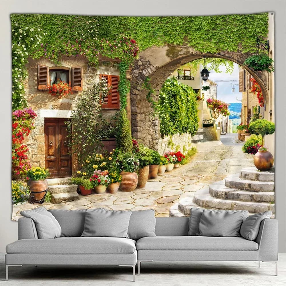 Outdoor Garden Poster Mediterranean Landscape Botanical Flower Tapestry Living Room Bedroom Background Wall Hanging Art Decor