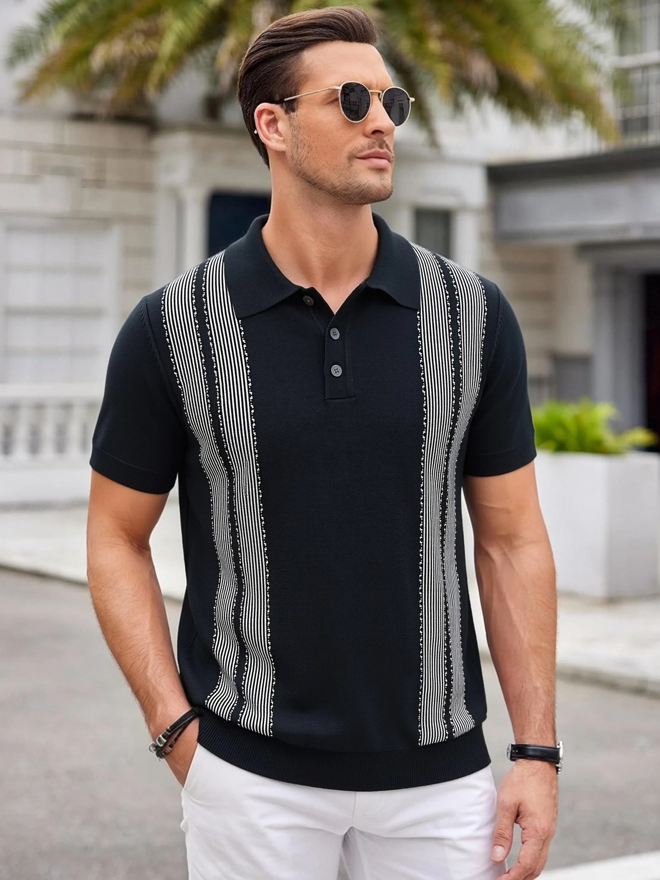 T-Shirt da Uomo in Maglia Jacquard con Motivo a Onde, Collo Tondo, Manica Corta, Traspirante, Casual, Comoda Maglietta Estiva per Uso Quotidiano