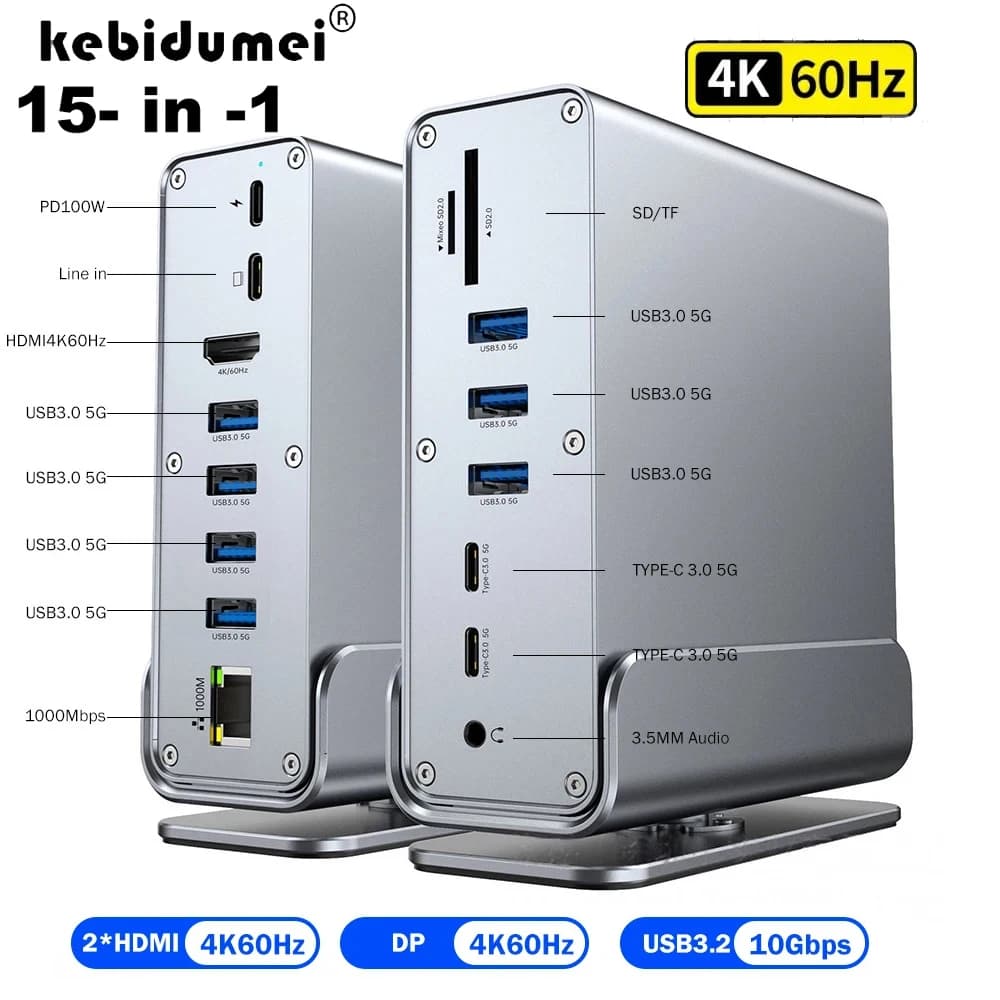 KEBIDUMEI Hub 15 in 1 Tipo-C Docking Station 4K@60Hz HDMI Compatibile con DP USB A RJ45 SD TF Porta Audio 3.5mm Adattatore per PC Laptop