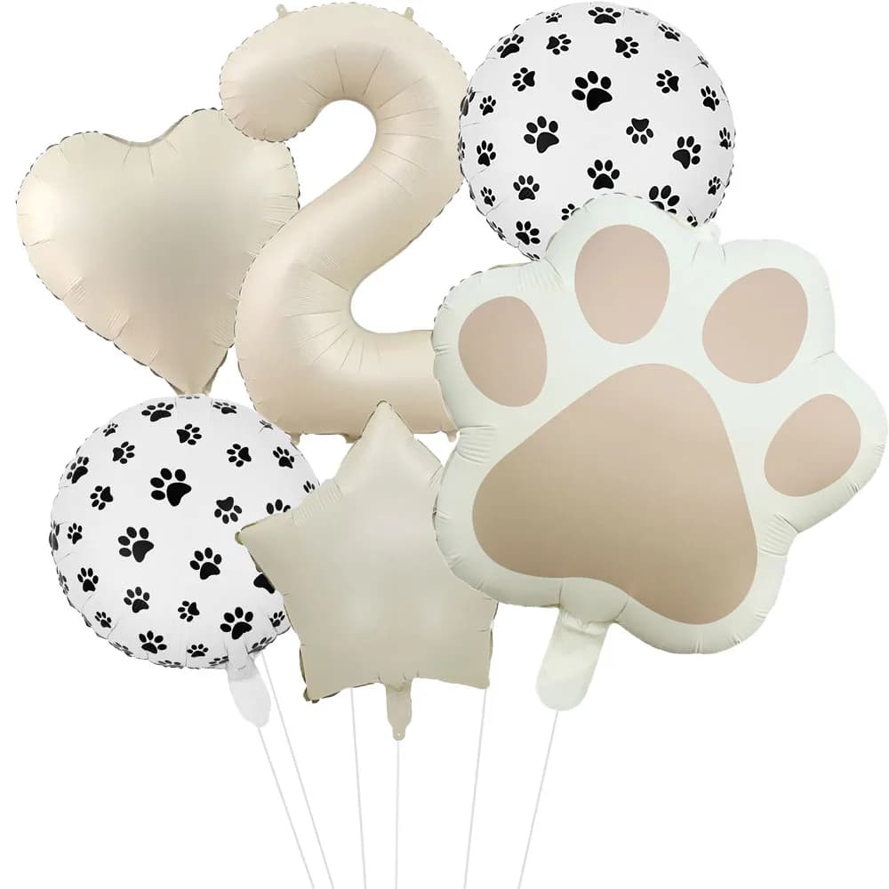 6pcs Cat Paw Balloon Animal Let's Pawty Dog Aluminum 40 inch Cream White Number 1-9 Birthday Party Decor Balloon Baby Shower