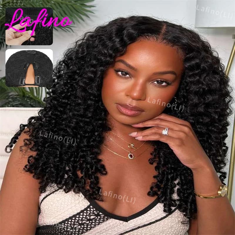 Parrucca in capelli umani ricci birmani a V, senza bisogno di lasciare capelli fuori, versione migliorata, senza colla, con clip, mezza parrucca in capelli umani