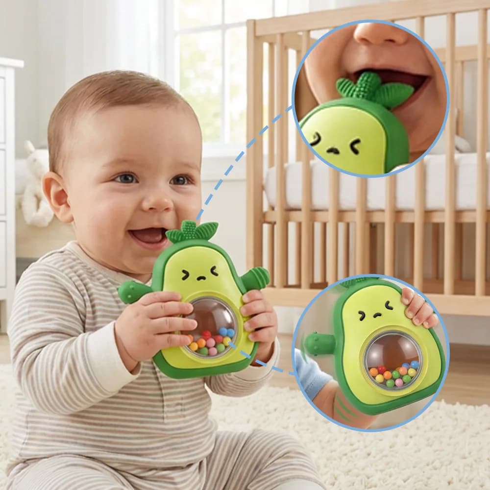 Massaggiagengive per Neonati a Forma di Avocado in Silicone Alimentare, Giocattolo da Mordere Senza BPA, Giocattolo Sonaglino Educativo per la Prima Infanzia