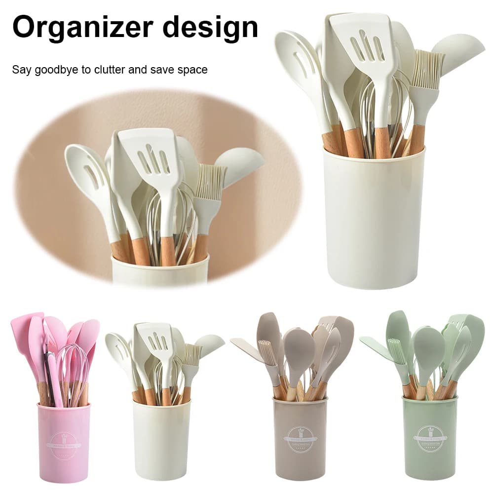Set di 12 Utensili da Cucina, Kit di Strumenti per Cucinare con Manico in Legno, Set di Spatole Antiaderenti, Spatola, Cucchiaio, Pennello, Frusta, Accessori da Cucina