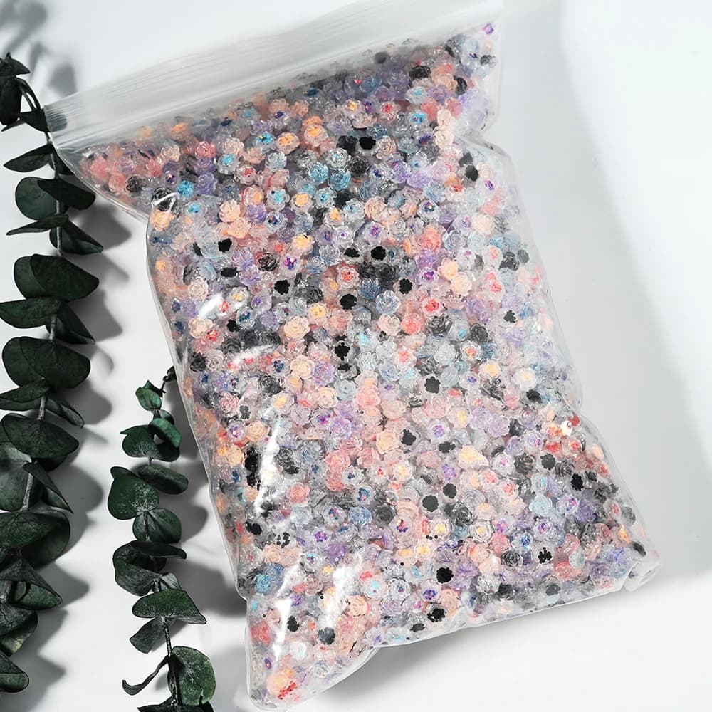 100 pz Resina Glitter Rosa Flatback Fiore Strass Gemma Arylic Camelia Gioielli Matrimonio Figurine Applique Artigianato FAI DA TE Nail Art *
