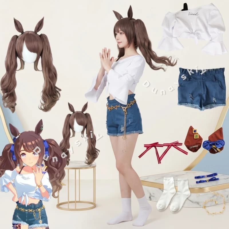 Costume Cosplay Uma Musume Tosen Jordan Pretty Derby, Pantaloncini in Denim Strappati a Vita Alta, Top Corto per Danza del Ventre, Halloween