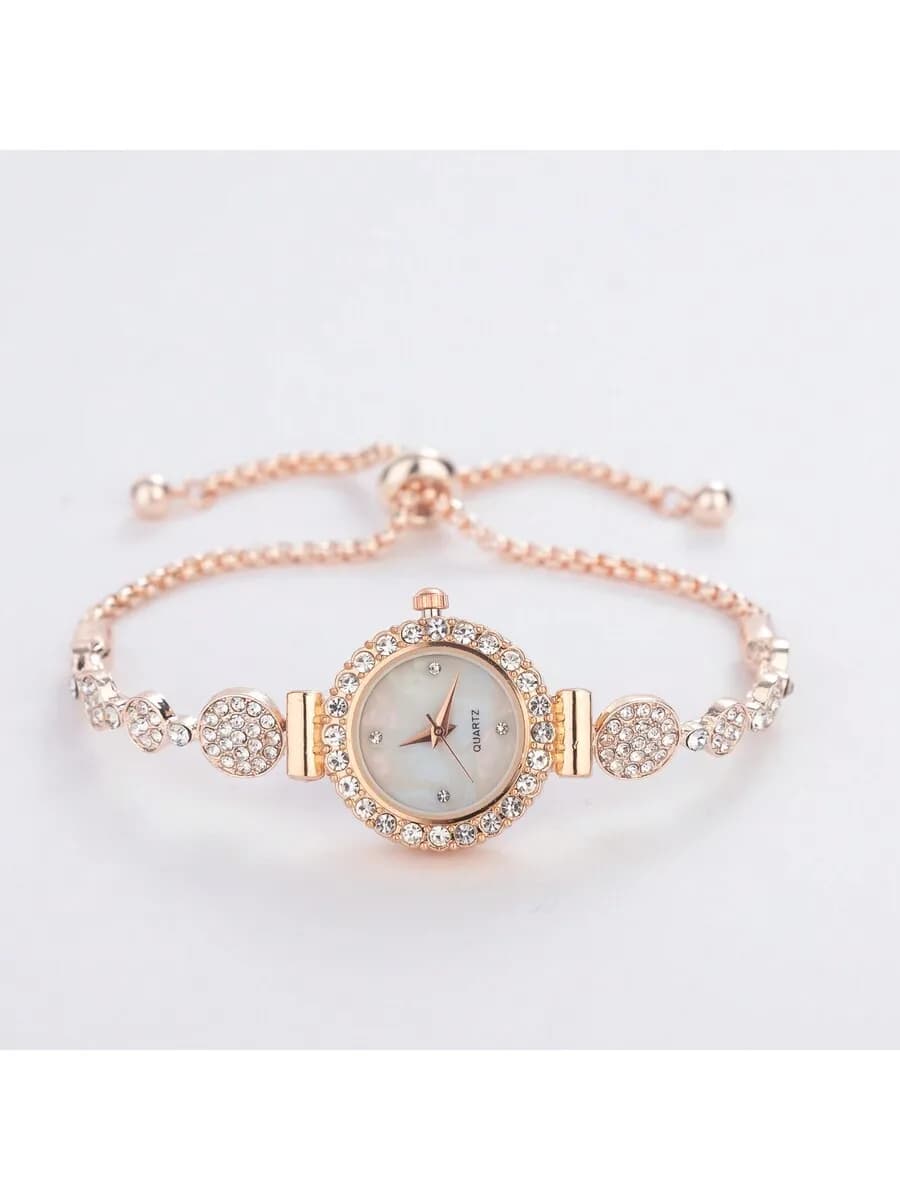 Elegante Orologio da Donna con Bracciale in Strass, Quadrante con Perle, Movimento al Quarzo e Cassa in Lega