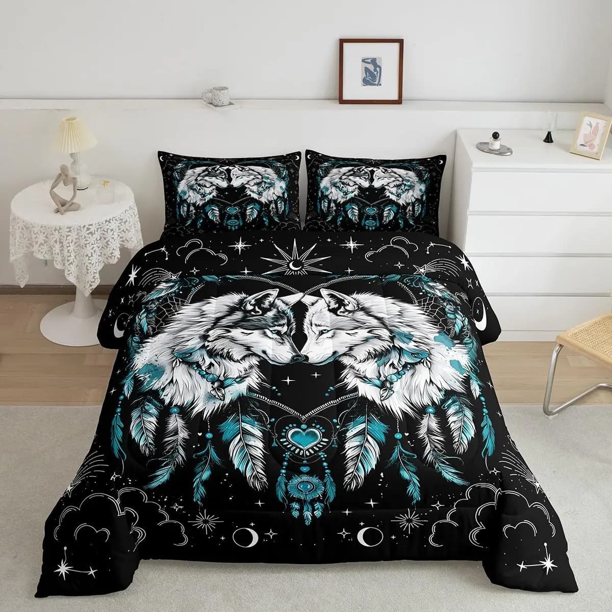 2/3pcs Wolf Duvet Cover Set King Size,Stars Sun Moon Love Heart Dreamcatcher Romantic Boho Bedding Set,Boys Girls Room Decor