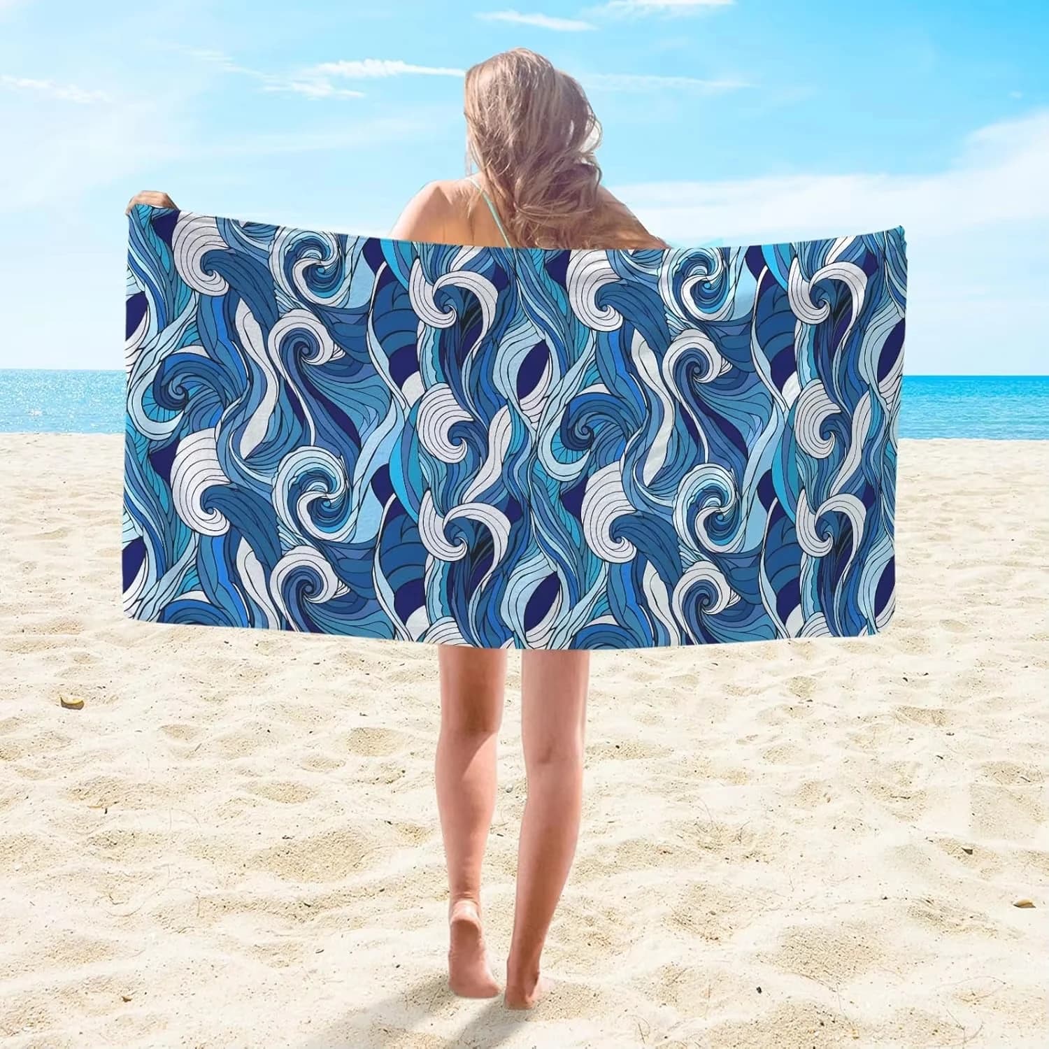 Asciugamano da spiaggia Ocean Waves Summer, coperta leggera in microfibra ad asciugatura rapida per piscina, palestra, bagno, viaggi, vacanze