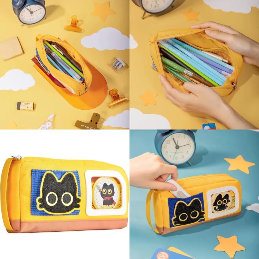 Astuccio di grande capacità con adorabile design a forma di gatto per ragazze e ragazzi adolescenti con adesivi magici e distintivi decorativi ideali