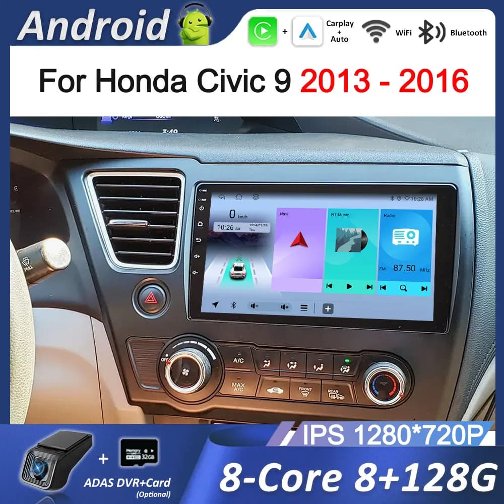 Per Honda Civic 9 2013 - 2016 Lettore audio video per auto Sistema Android 14 intelligente GPS Navi WiFi BT 4G DSP Stereo Strumenti automatici