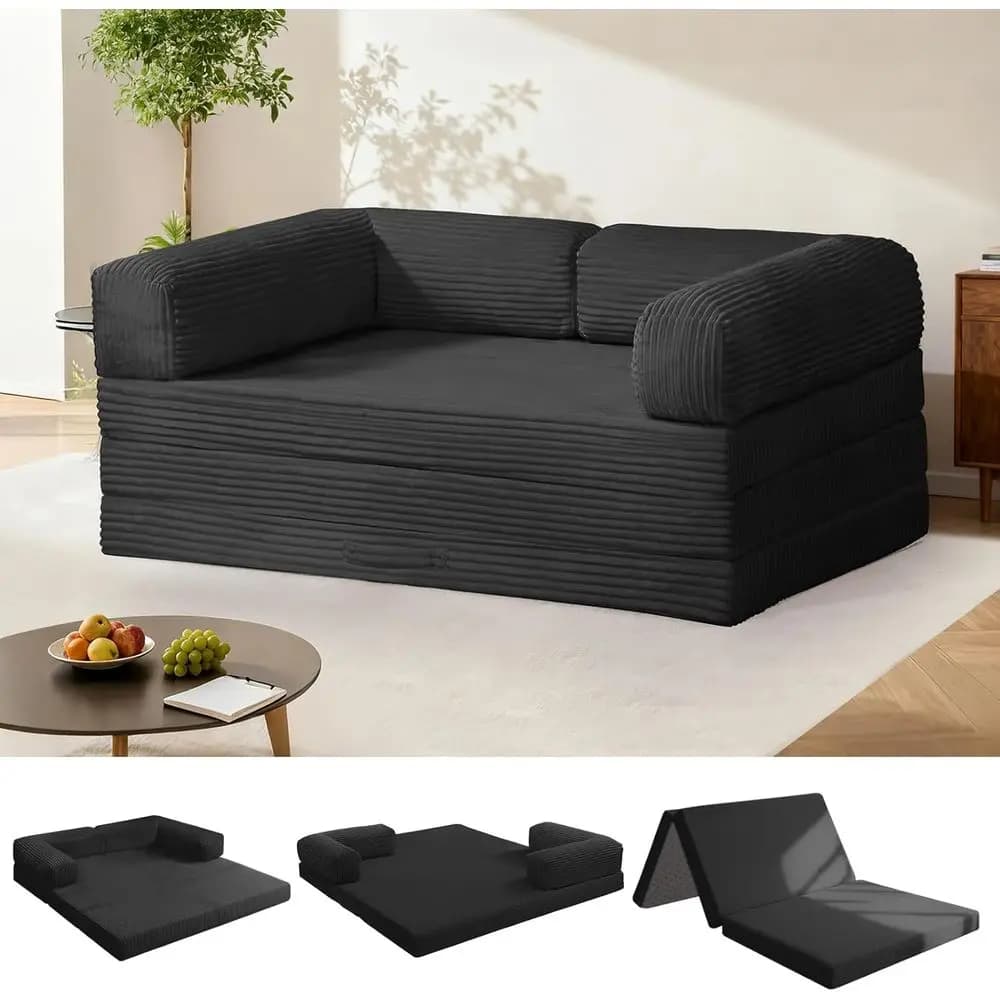 Divano letto trasformabile con braccioli rimovibili, rivestimento lavabile, materasso portatile, misura completa, nero
